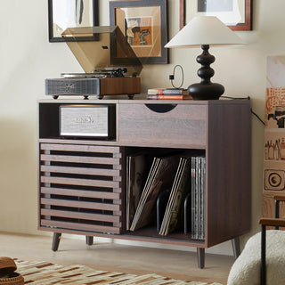 Mid-Century Record Player Stand with Built-in Power Socket and Large Vinyl Record Storage Cabinet