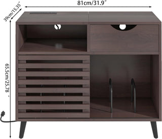 Mid-Century Record Player Stand with Built-in Power Socket and Large Vinyl Record Storage Cabinet