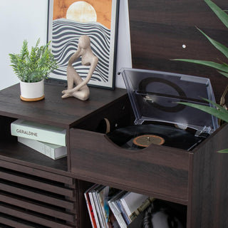 Mid-Century Record Player Stand with Built-in Power Socket and Large Vinyl Record Storage Cabinet
