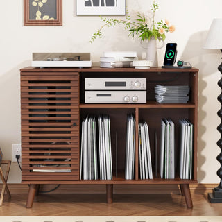 Mid-Century Modern Record Player Stand with USB & Power Outlets