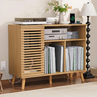 Mid-Century Modern Record Player Stand with USB & Power Outlets