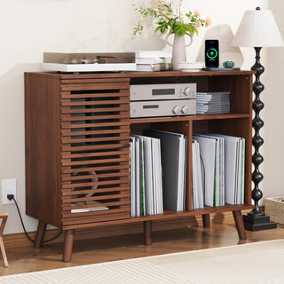 Mid-Century Modern Record Player Stand with USB & Power Outlets