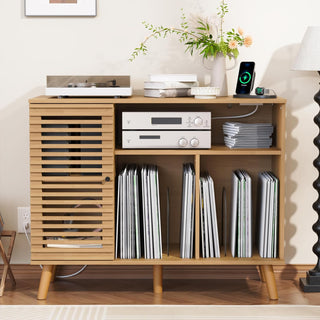 Mid-Century Modern Record Player Stand with USB & Power Outlets