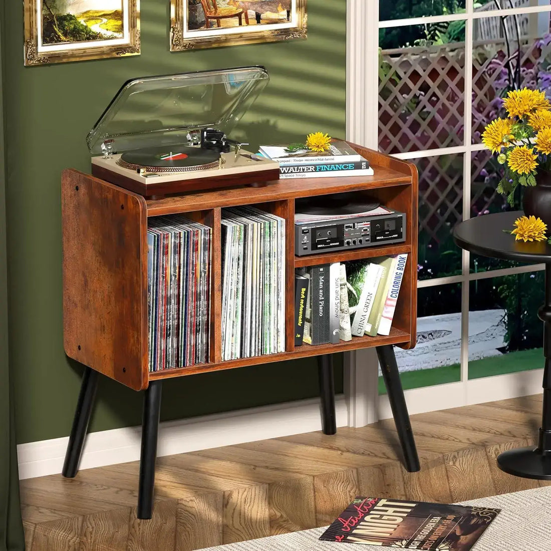 Vinyl Record Player Stand | Mid-Century Turntable Table with Storage ...