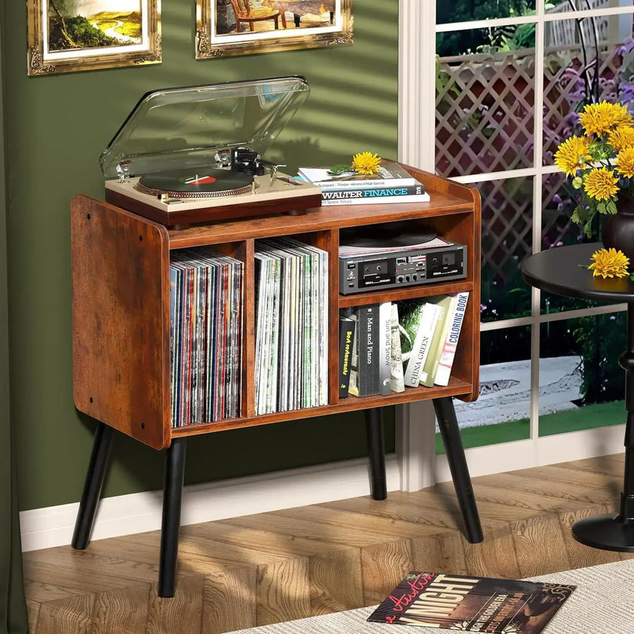 Vinyl Record Player Stand | Mid-Century Turntable Table with Storage ...