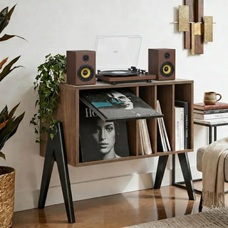 Mid-Century Modern Vinyl Record Player Stand with Storage Cabinet, 31.5'' x 27.2''  Retrolife Official Store 