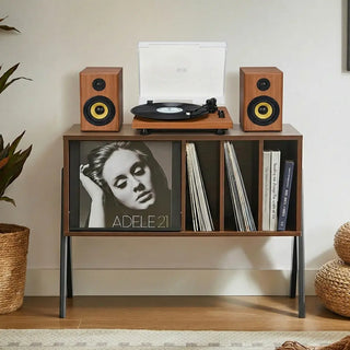 Mid-Century Modern Vinyl Record Player Stand with Storage Cabinet, 31.5'' x 27.2''  Retrolife Official Store 