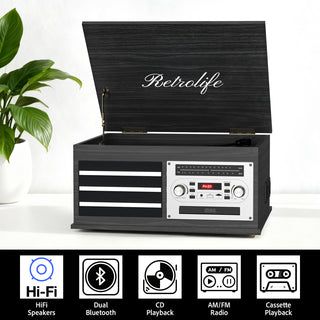 8-in-1 Vinyl Record Player Music Center with Built-in Speakers & CD Player RT15