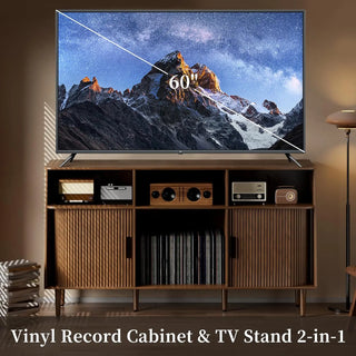 Record Player Stand with Vinyl Storage Cabinet Sliding Doors Power Outlet 55.1"W  Retrolife Official Store 