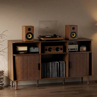 Record Player Stand with Vinyl Storage Cabinet Sliding Doors Power Outlet 55.1"W  Retrolife Official Store 