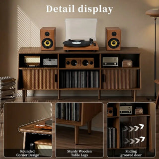 Record Player Stand with Vinyl Storage Cabinet Sliding Doors Power Outlet 55.1"W  Retrolife Official Store 