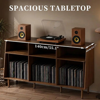 Record Player Stand with Vinyl Storage Cabinet Sliding Doors Power Outlet 55.1"W  Retrolife Official Store 