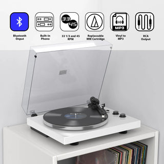 Audiophiles Turntable with Bluetooth Output and MM Cartridge HQKZ-006 White