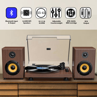 Bluetooth Input & Output Record Player HiFi System with 60W Speakers UD016