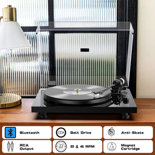 Upgraded Bluetooth Turntable with Anti-Skate Control & MM Stylus