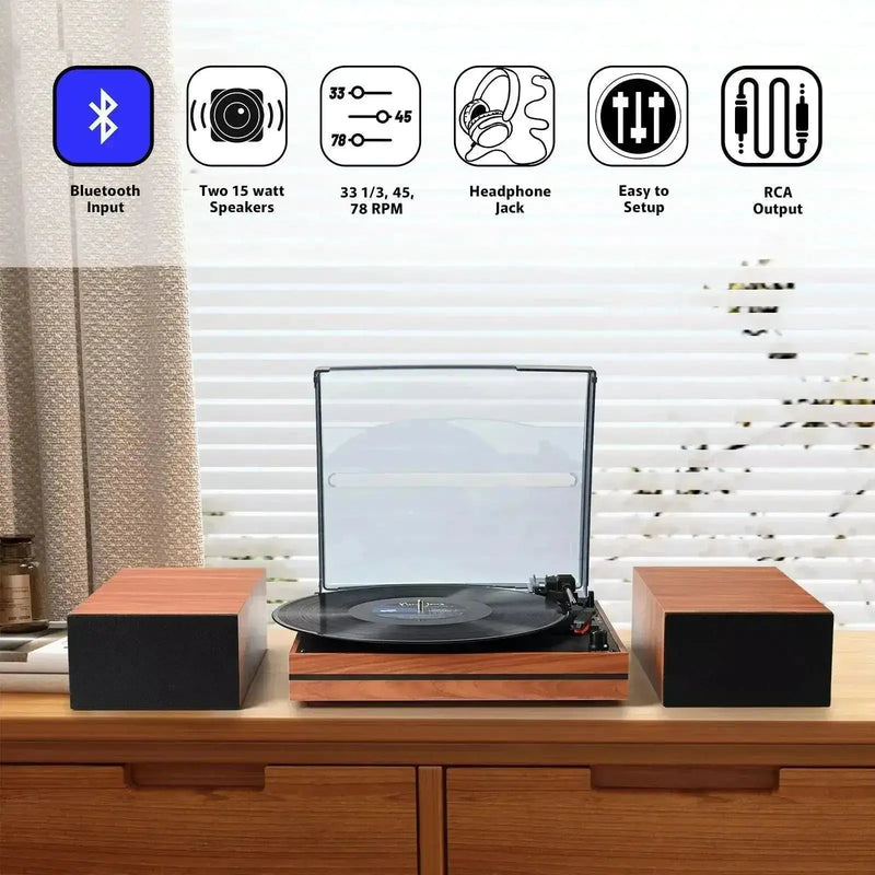 Retrolife Vintage Bluetooth Input Turntable System with 2×15W HiFi Speakers R612